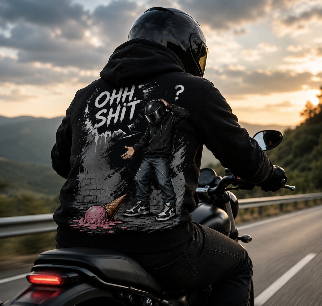 🏍️ OHH SHIT V2 – Motoros mintás fekete pulóver