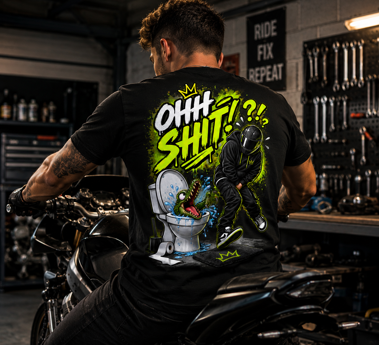 OHH SHIT! – Motoros férfi póló, fekete