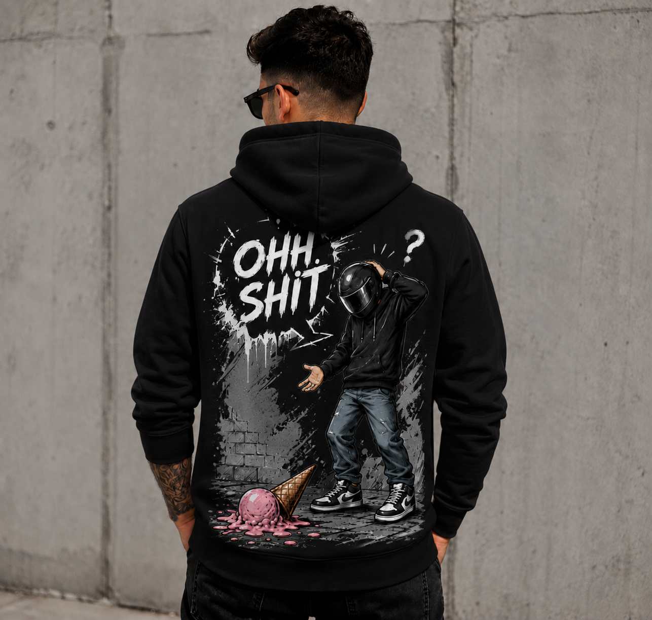 🏍️ OHH SHIT V2 – Motoros mintás fekete pulóver