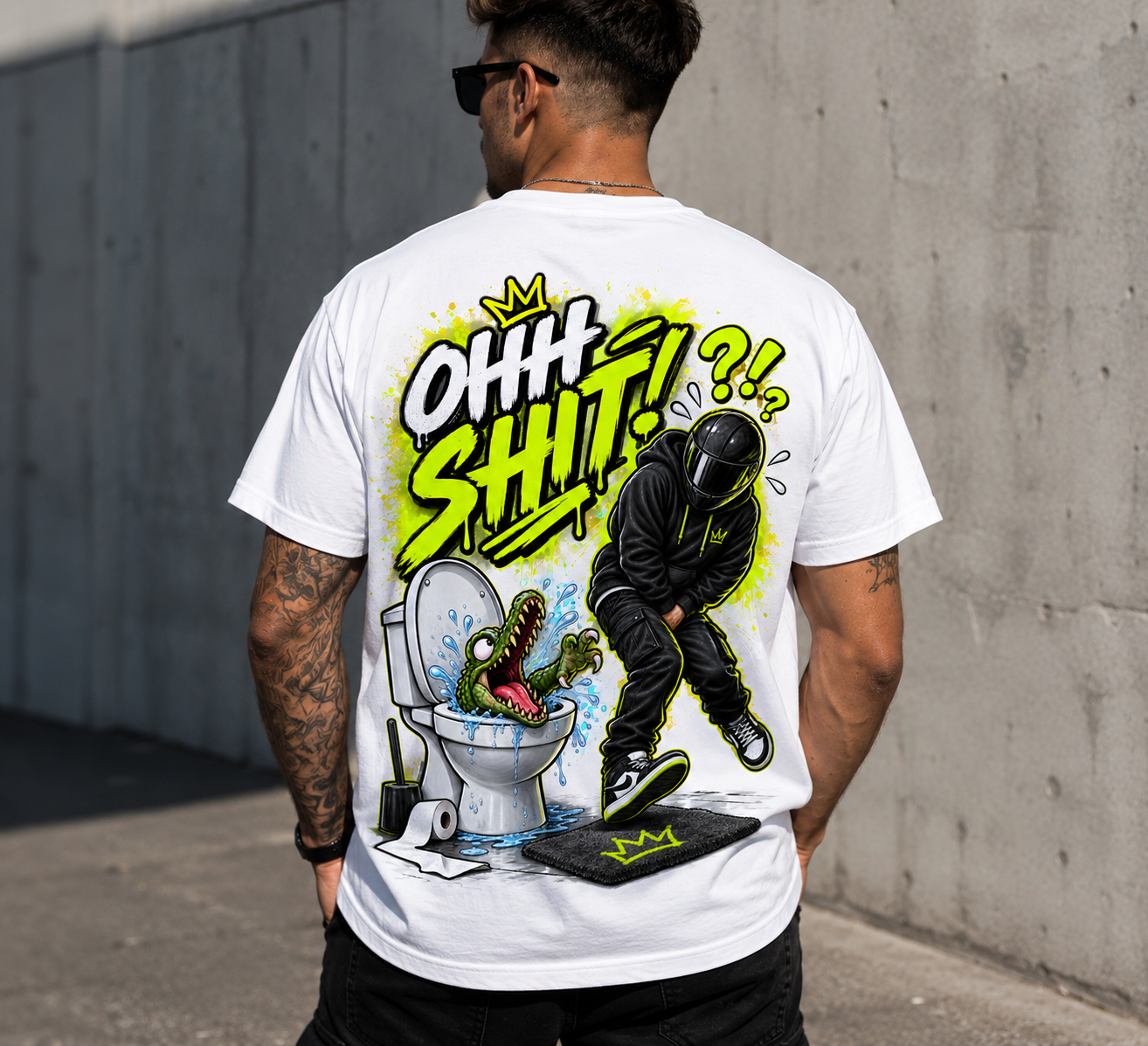 OHHH SHIT! – Motoros mintás fehér póló 🏍️🐊